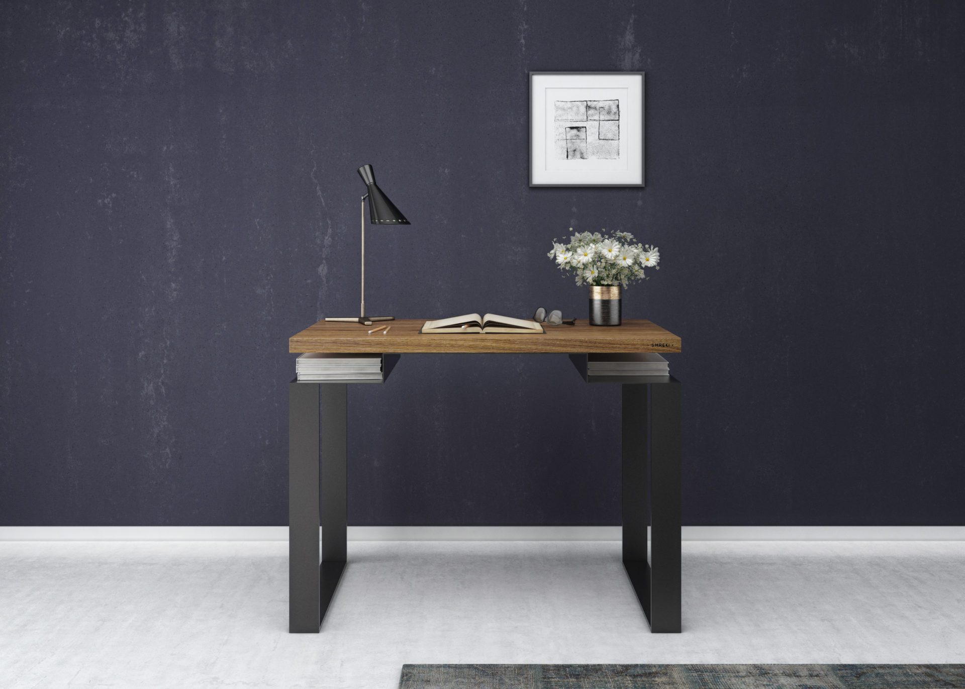 biurko na stalowych czarnych nogach z blatem debowym