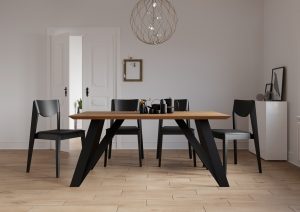 Smreki stół i czarne krzesła, stół i krzesła fameg, stół debowy i czarne krzesła fjord, nowoczesny stół i krzesła, polski producent stół,
